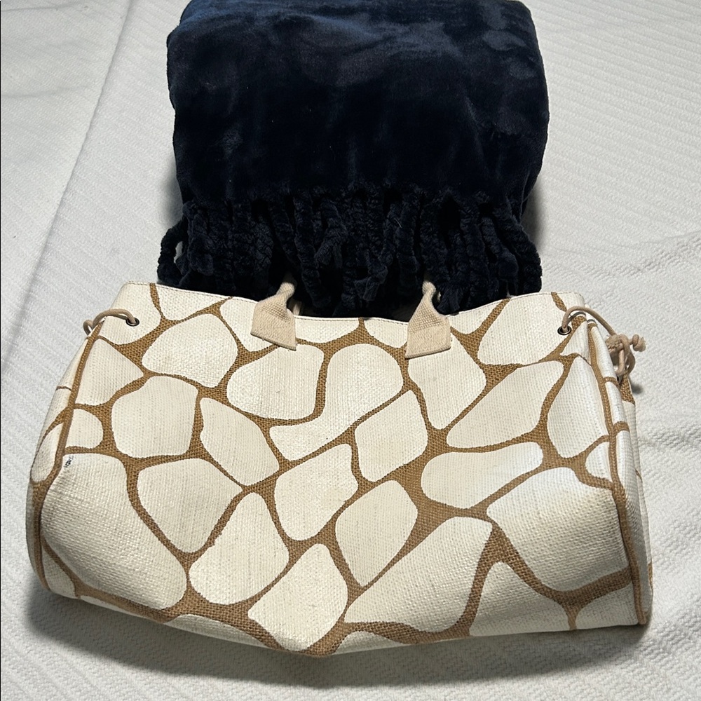 Nordstrom Cream and Brown Tote Bag and plush deep blue Nordstrom blanket.